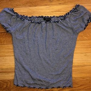 navy and white off the shoulder